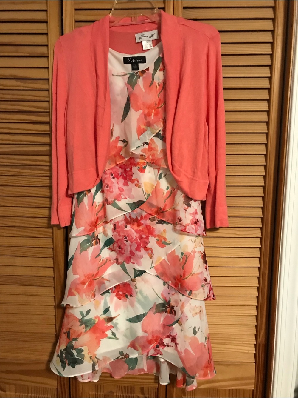SL Fashions Coral and Pink Floral Tiered Dress, Sz 6 with Sweater, Sz Lg